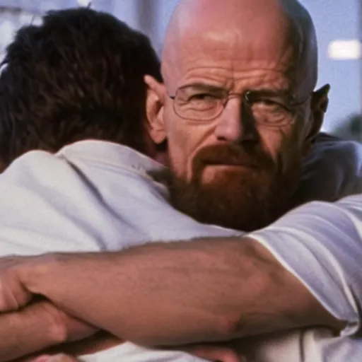 Prompt: Michael Ehrmantraut hugging walter white from behind wrestling breaking bad