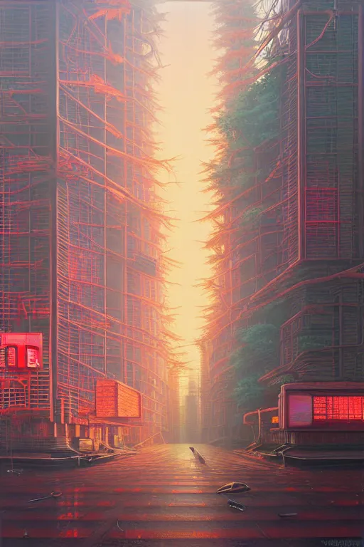 Prompt: downtown tokyo in a redwood solar punk vision, oil on canvas by klaus burgle, simon stalenhag, ultra - realistic 3 d depth shading