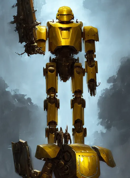 Image similar to human-sized strong intricate yellow pit droid carrying beautiful paladin greatsword and beautiful large paladin shield, pancake short large head, exposed metal bones, painterly humanoid mecha, by Greg Rutkowski