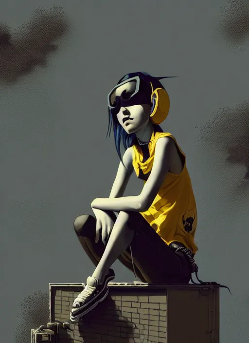 Prompt: highly detailed matte painting, of punk girl sitting on maximalist 3 d calligraphy graffiti tag light eroding grey walls, by atey ghailan, by greg rutkowski, by greg tocchini, by james gilleard, by joe fenton, by kaethe butcher, yellow, brown, black and cyan mystical color scheme, grunge aesthetic, octane render