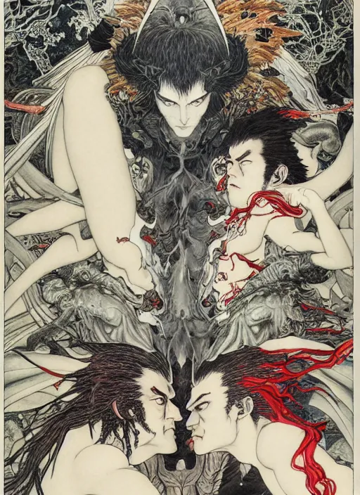 Image similar to battle between good and evil , battle between angels and demons, by and Austin Osman Spare and Takato Yamamoto and Yoshitaka Amano, high resolution, ultra detailed