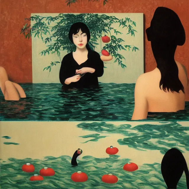 Image similar to female emo art student in her bath, painting of flood waters inside an artist's feminine bathroom, a river flooding indoors, pomegranates, pigs, ikebana, water, octopus, river, rapids, waterfall, black swans, canoe, berries, acrylic on canvas, surrealist, by magritte and monet