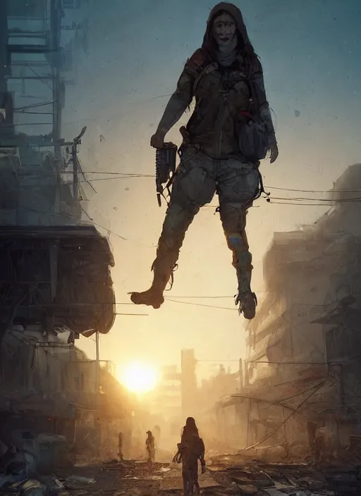 Image similar to portrait of a survivalist woman in a post apocalyptic city at dawn, beautiful digital concept art trending on artstation by senior concept artist, ultra - realistic intricate high details, cinematic lighting