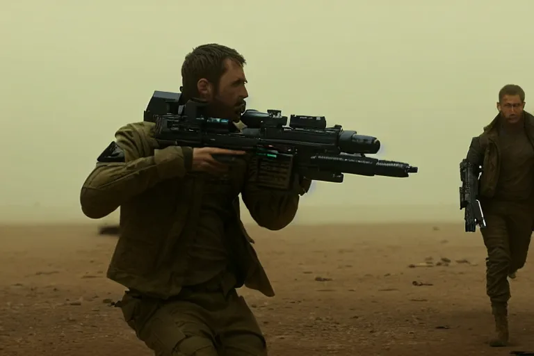 Image similar to vfx film, blade runner 2 0 4 9 futuristic soldiers shoot at enemy robots futuristic war, battlefield war zone, shootout, running, shooting, explosion, battlefront, leaping, flat color profile low - key lighting award winning photography arri alexa cinematography, big crowd, hyper real photorealistic cinematic beautiful, atmospheric cool colorgrade