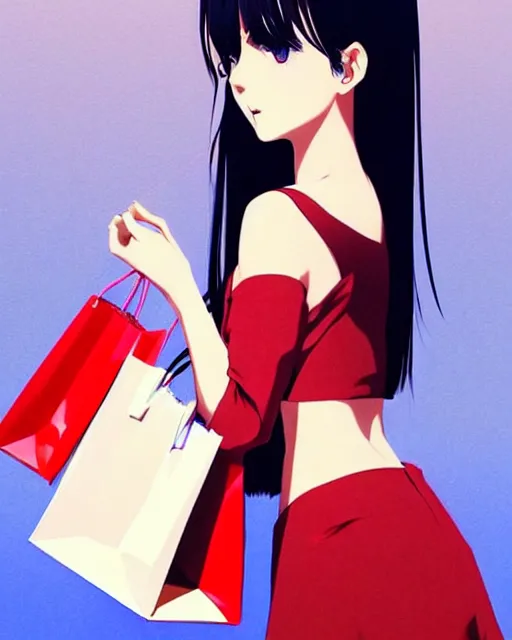 Image similar to cute girl wearing high heel with shopping bags. | very very anime!!!, fine - face, audrey plaza, realistic shaded perfect face, fine details. anime. very strong realistic shaded lighting poster by ilya kuvshinov katsuhiro otomo ghost, magali villeneuve