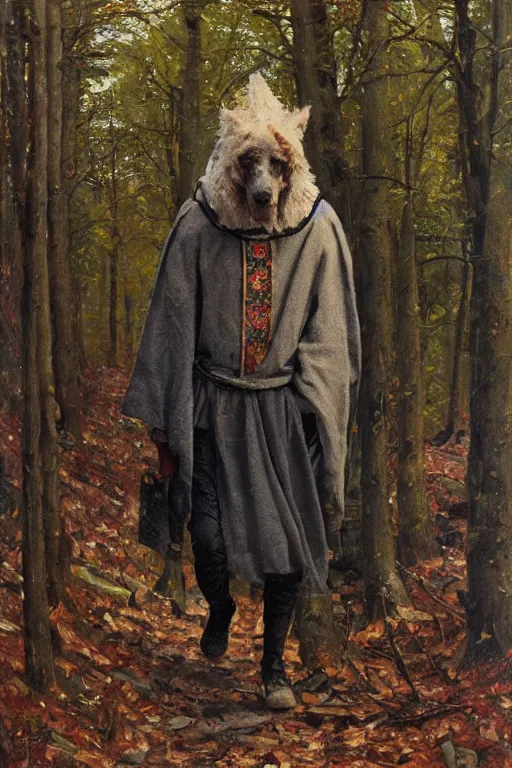 Prompt: slavic dog head man, woolen torso in medieval clothes, walking in the forest, orthodox saint christopher, oil painting, painting by viktor vasnetsov, painting by viktor whimmy, concept art, hyperrealism, beautiful, high resolution, trending on artstation,