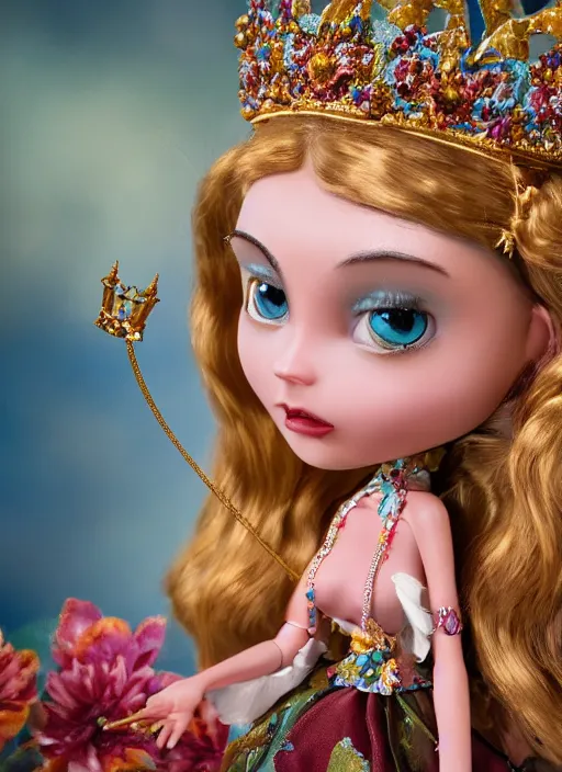 Image similar to closeup profile portrait of tin toy fairytale princess wearing a crown, bikini, depth of field, zeiss lens, detailed, symmetrical, centered, fashion photoshoot, by nicoletta ceccoli, mark ryden, lostfish, breathtaking, 8 k resolution, extremely detailed, beautiful, establishing shot, artistic, hyperrealistic, octane render