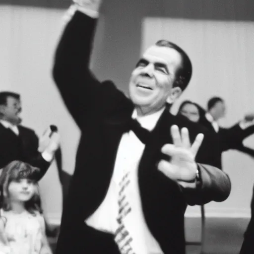 Image similar to President Richard Nixon dancing his heart out. CineStill