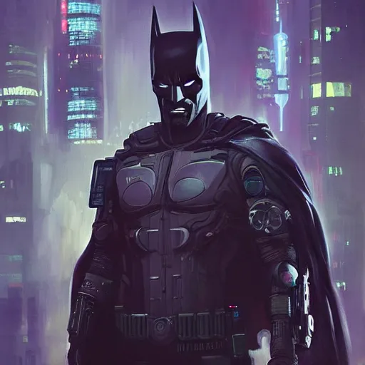 Image similar to cyberpunk batman with fullface mask, wide shot, moody, futuristic, city background, brush strokes, oil painting, greg rutkowski