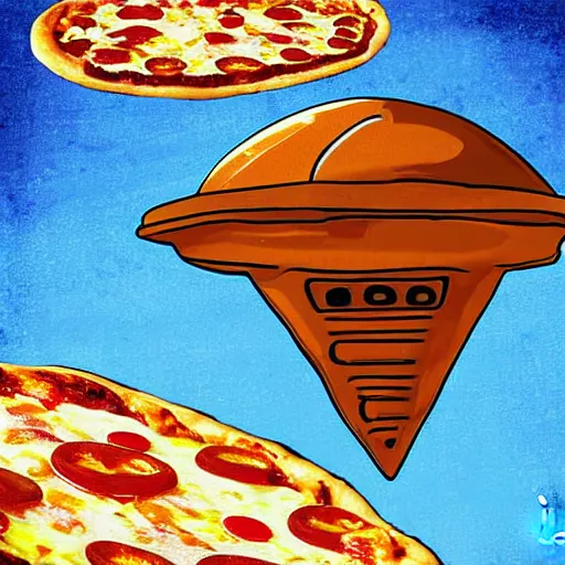 Prompt: a UFO abducts a pizza on top of a factory, steampunk, digital art