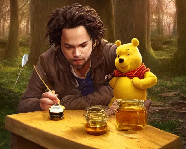 Prompt: adult frank dillane eating honey from a honeypot with winnie the pooh in the woods, beautiful, grand, wistful, digital painting, extremely detailed, sharp focus, bright colors, octopath traveler, unreal engine 5 highly rendered, global illumination, radiant light, highly detailed face
