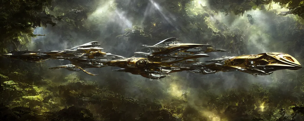 Image similar to a futuristic scientific flying steampunk fighter ship elegant, smooth, ornate with gold trimmings, by Craig Mullins and Scott Robertson, large steampunk space port inside a lush rainforest background by Dylan Cole and federico pelat, cinematic dappled lighting, hyper detailed hyper detailed, 8k, ultra realistic, cinematic lighting, ultra wide 35mm lens