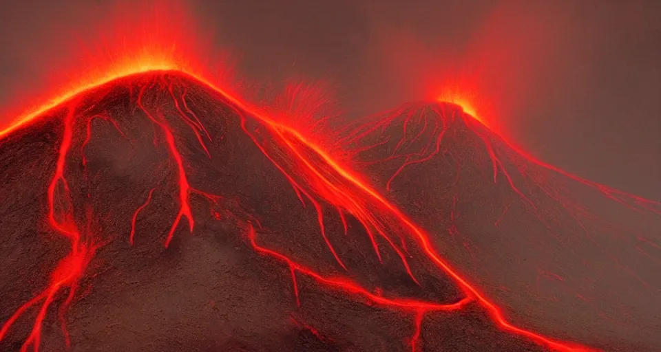 Image similar to a volcano made of ivory vines and crimson rocks enters in eruption, it spits a smoke in the shape of demonic eye, by Esao Andrew