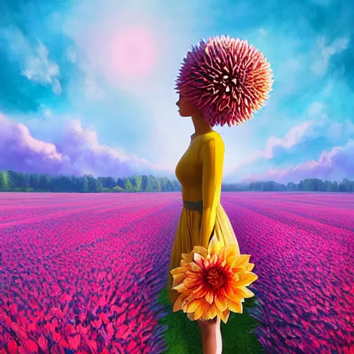 Prompt: giant dahlia flower as head, full body girl standing in a flower field, surreal photography, sunrise, dramatic light, impressionist painting, colorful clouds, digital painting, artstation, simon stalenhag