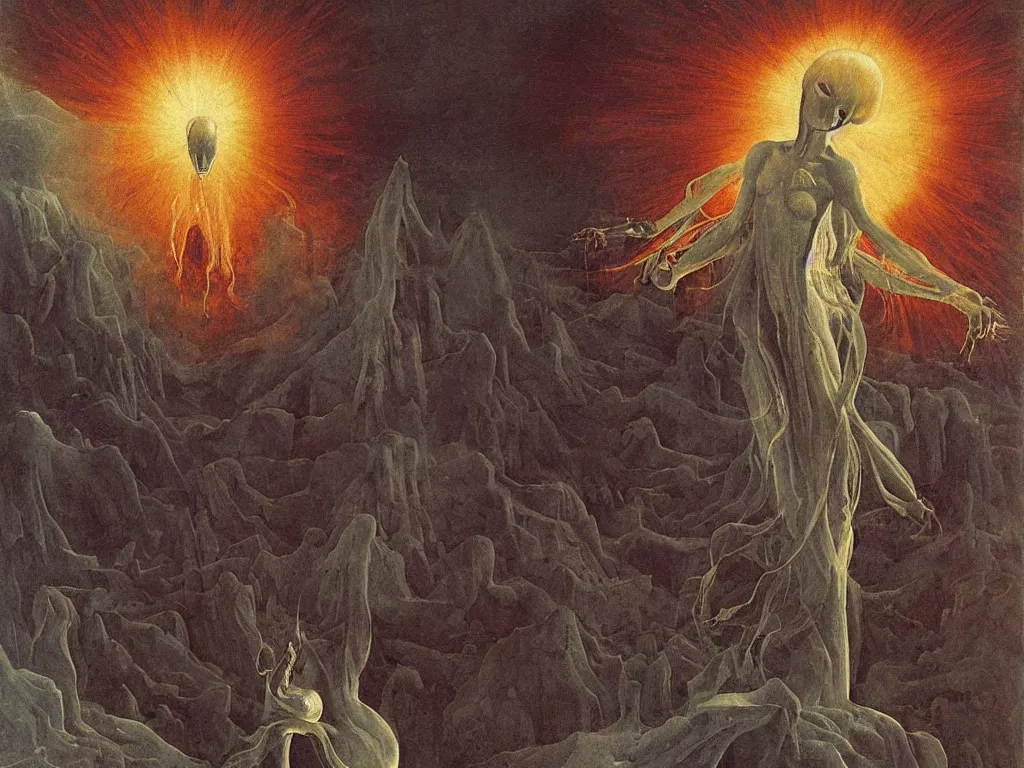 Image similar to Portrait of terrifying insectoid albino angel with nuclear explosion, dark, toxic smoke. Icy surreal mountains at night. Painting by Jan van Eyck, Fra Filippo Lippi, Rene Magritte, Agnes Pelton, Max Ernst, Beksinski