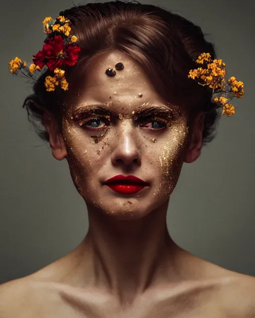 Image similar to Close-up portrait of a woman, close-up, high sharpness, zeiss lens, fashion photo shoot, flowers, white hair, freckles, Red lipstick, against gold, Annie Leibovitz and Steve McCurry, David Lazar, Jimmy Nelsson, artistic, hyper-realistic, beautiful face, octane rendering