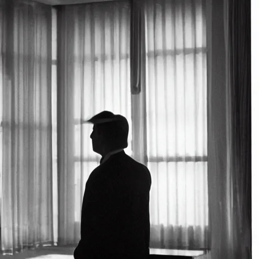 Prompt: screenshot from moody scene of Donald Trump looking out window, in High and Low, 1963 film directed by Akira Kurosawa, kodak film stock, black and white, anamorphic lens, 4K, detailed, stunning cinematography and composition shot by Takao Saito