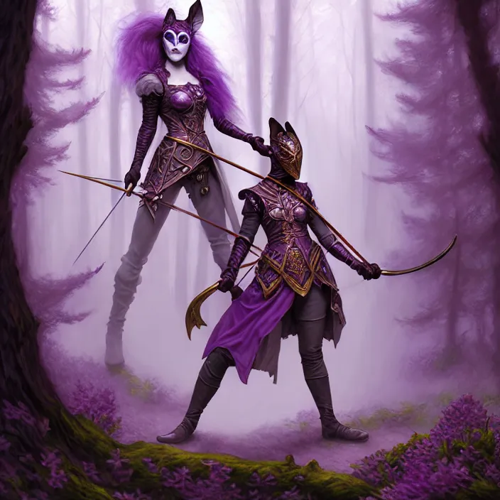 Image similar to masked d & d bard with her lilac leather armor in a forest, volumetric lighting, fantasy, intricate, elegant, highly detailed, lifelike, photorealistic, digital painting, artstation, fox ears illustration, concept art, sharp focus, by john collier and albert aublet and krenz cushart and artem demura and alphonse mucha