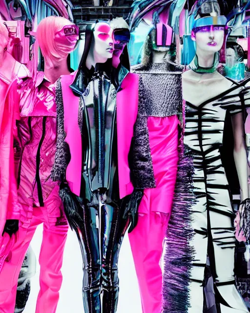 Image similar to an award winning fashion photograph of Balenciaga's fashion week 2049, cyberpunk, futuristic, Bladerunner 2049, dazzle camouflage!, dayglo pink, dayglo blue, raven black, corporate