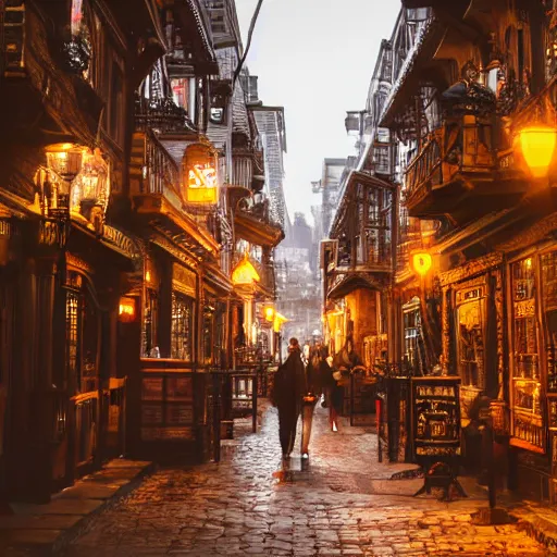 Image similar to a street level photo of a steampunk victorian city street, with people walking on the streets, at night, 4k, canon 5D