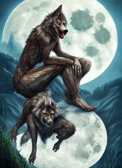 Prompt: a realistic painting of a werewolf at night sitting next to a human child in front of full moon, fantasy art, matte painting, highly detailed