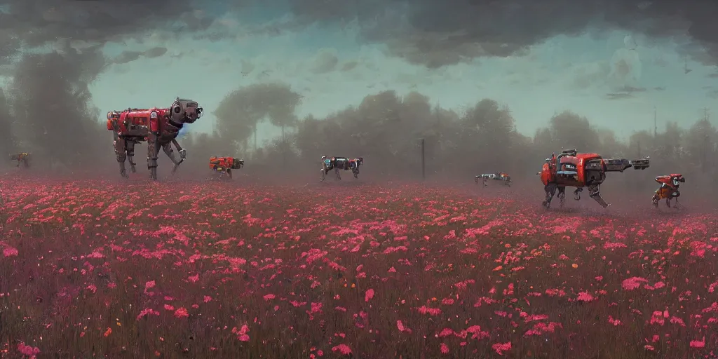 Prompt: a beautiful detailed matte painting of robot dogs playing in a field of flowers Simon Stålenhag, Jakub Różalski, James Gurney, trending on artstation