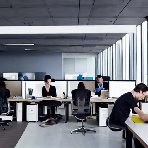 Image similar to a long shot, color studio photographic of a well disigned futuristic lookong office space with several busy staff working on their laptops, dramatic backlighting, photo from business insider 2 0 2 2, ultra realistic