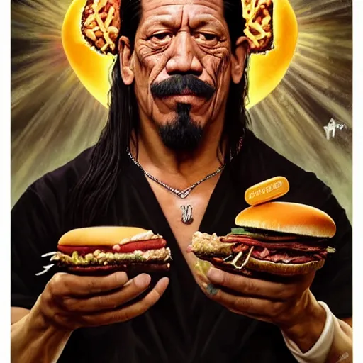 Prompt: black velvet painting of danny trejo eating hamburgers, advertising billboard, extra onions and ketchup, luscious patty with sesame seeds, ethereal, holy sacred light rays, handsome, D&D, fantasy, intricate, elegant, highly detailed, art by Artgerm and Greg Rutkowski and Alphonse Mucha