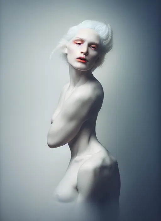 Image similar to cinestill 5 0 d photo portrait of a beautiful hybrid with woman face in style of paolo roversi by roberto ferri, weird marble body, white hair floating in air, 1 5 0 mm lens, f 1. 2, ethereal, emotionally evoking, head in focus, bokeh, volumetric lighting, matt colors outdoor