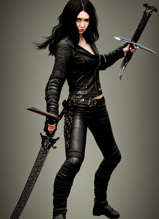 Image similar to black haired woman in a leather jacket, a sword fight, action pose, movie scene, highly detailed, intricate, face enhance, long sharp intricate sword, trending on artstation, action pose