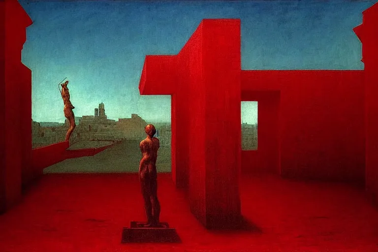 Image similar to only with red, caesar after war, the great deal, a red tiger, in hoc signo vinces, rome in background, an ancient path, in the style of beksinski, part by hopper, part by rodcenko, part by hofbauer, intricate composition, red by caravaggio, insanely quality, highly detailed, masterpiece, red light, artstation