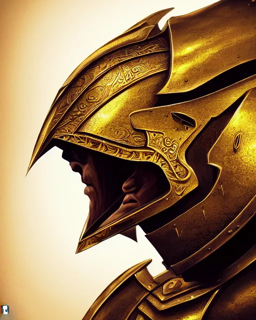 Prompt: hyper realistic side view painting of the king of the desert, angry, wide angle, gold armour, sword, dramatic lighting, intricate, wild, highly detailed, digital painting, artstation, concept art, smooth, sharp focus, illustration