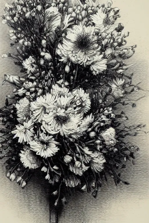 Image similar to black and white, close-up flower bouquet, Gustave Dore lithography