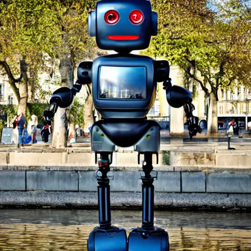 Prompt: a robot standing in the miroir d'eau of bordeaux