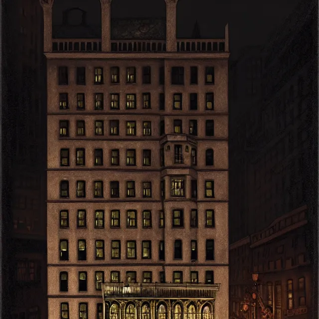 Prompt: haunted gothic hotel, boston 1 9 2 5 overlooking a dark street, photorealistic, dark, atmospheric lighting, painted, intricate, ultra detailed by leesha hannigan, thierry doizon, kai carpenter, well composed, best on artstation, cgsociety, epic, stunning, gorgeous, intricate detail, wow, masterpiece