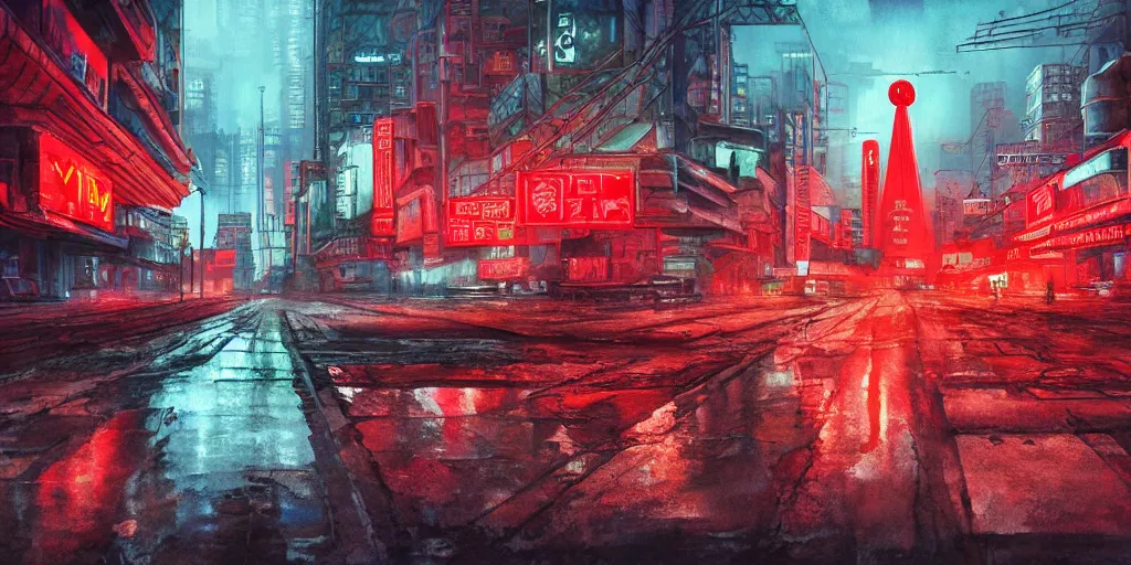 Image similar to landscape of a cyberpunk soviet city with neon hammer and sickle sign, watercolor, ultra realistic, highly detailed, hd, sharp focus, cinematic lighting, mood lighting, realistic, photorealistic, vivid colors, painting, photograph, digital art, non blurry, sharp, artstation, concept art, smooth, illustration