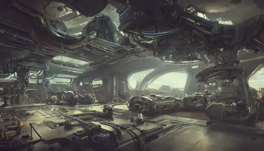 Image similar to the inside of a futuristic mechanic spaceshop coc, highly detailed interior, half - finished robot, holographic screen in center frame by peter mohrbacher, dieselpunk, cryengine render, hyper realism, realistic shading, cinematic composition, realistic render, octane render, detailed textures, photorealistic, wide shot, fanciful, colorful