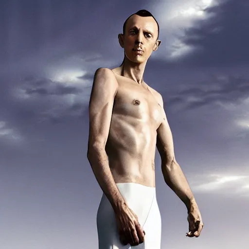 Image similar to a slim athletic beautiful male wearing a iris van herpen outfit in a cinematic still with the sky as background, tarsem singh art movie