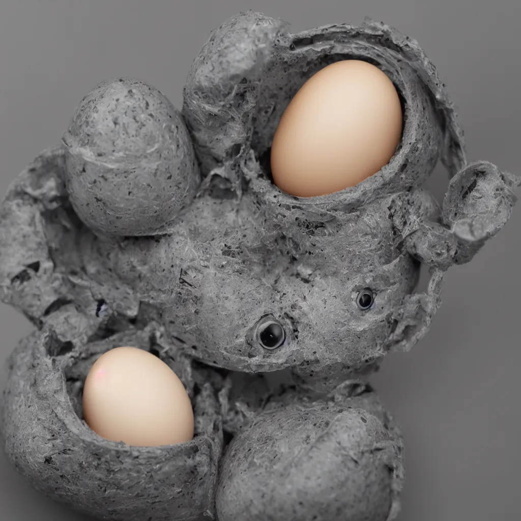 Prompt: baby robot hatching from egg, very detailed closeup studio photography, studio lighting, super realistic