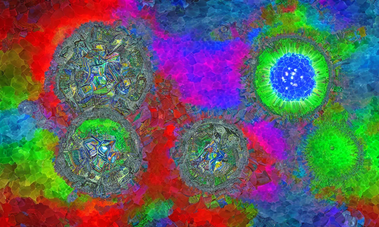 Image similar to voronoi engine laboratory 3 d volume kaleidoscope mandala fractal chakra digital multicolor stylized concept substance liquid nebula stone, a spectacular view cinematic rays of sunlight comic book illustration, by john kirby radiating a glowing aura global illumination ray tracing hdr depth fog overlay multiply photoshop layer