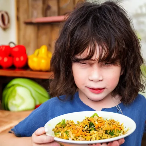 Image similar to kid with long hair and a mustache eating vegetable fried rice