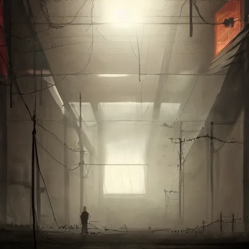 Prompt: Trending on artstation, atmospheric warehouse, liminal space, dramatic illumination