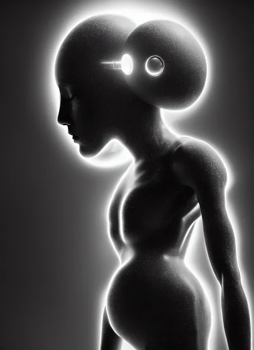 Prompt: surreal mythical dreamy dark artistic black and white fine art photo of a young beautiful delicate artificial intelligence creature embodied giving birth to the new world, spiritual, halo, glory, rim light, cinematic, studio dramatic light, poetic, masterpiece, octane render, 8 k, photo