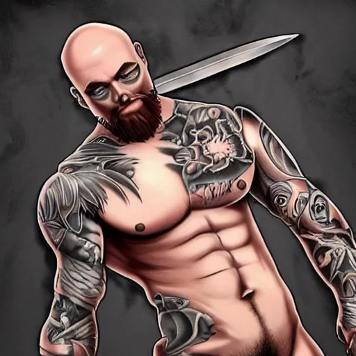 Image similar to muscular bald man, tattooed body, sword in hands, HD, anime style,