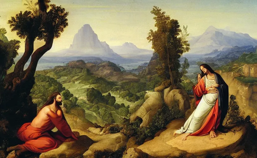 Image similar to jesus and mary magdalene standing on a cliff looking over a beautiful landscape, paradise, arcadia