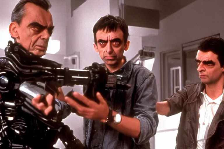 Prompt: VFX movie where Mr. Bean plays the Terminator by James Cameron