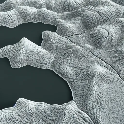 Prompt: contour map of a scottish mountain, 3 d, furnished with trees, snow patches, rivers, realistic