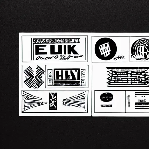 Image similar to black on white graphic design stickers in style of david rudnick, eric hu, acid, y 2 k