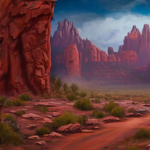 Prompt: a matte painting of the sci - fi wild west sedona, oil painting, pale colors, high detail, 8 k, wide angle, trending on artstation,