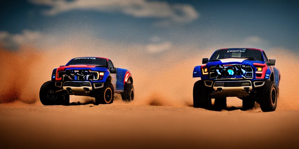 Prompt: Hot Wheels, Ford F-150 Raptor, cinematic, Maxxis, 8k, depth of field, bokeh. DAKAR